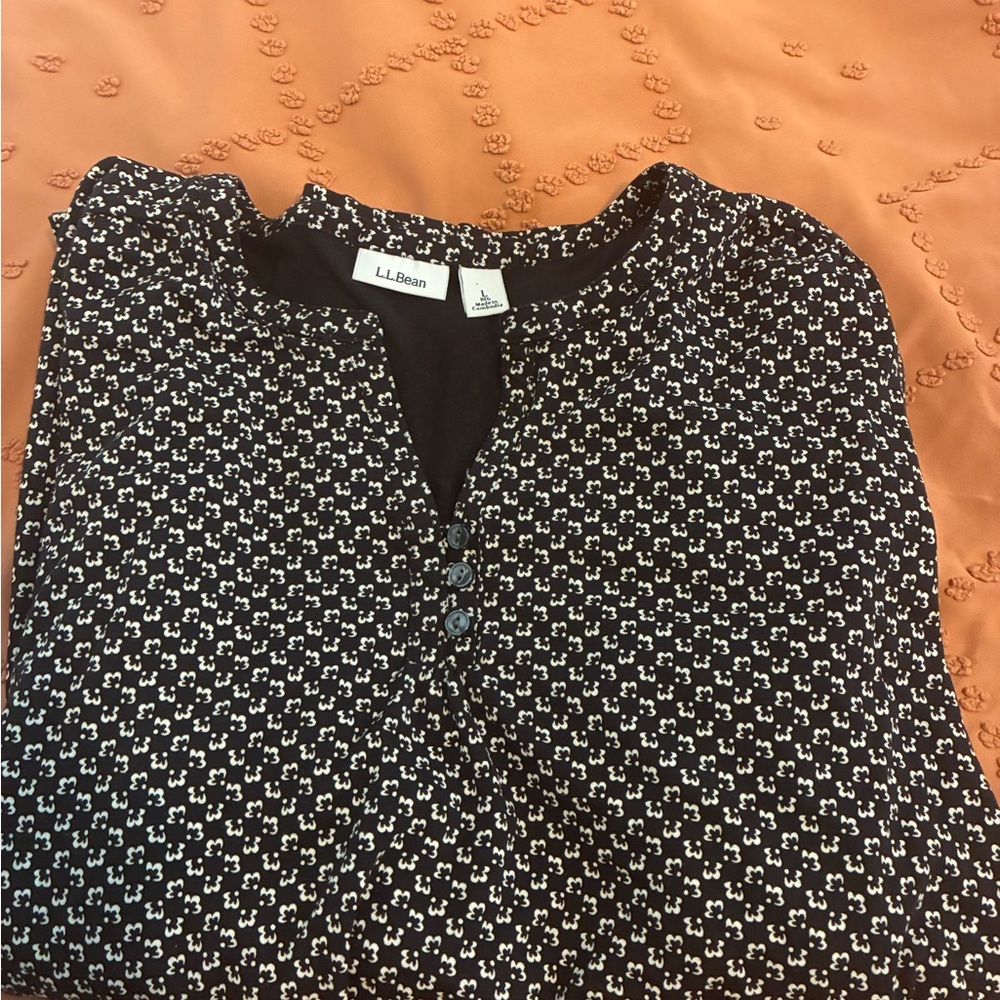 L.L. Bean Black and White Floral Blouse